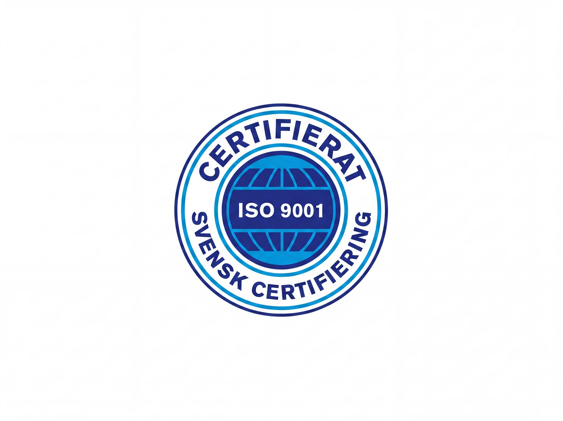 ISO 9001 certifieringsmärke från Svensk Certifiering med globsymbol i blått.
