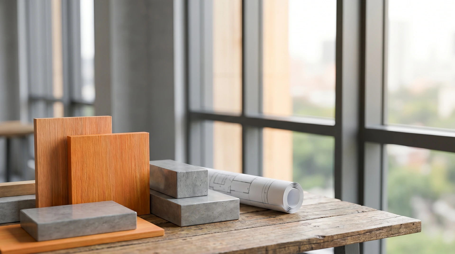 Materialprover i trä och betong på bord med ritningar vid fönster