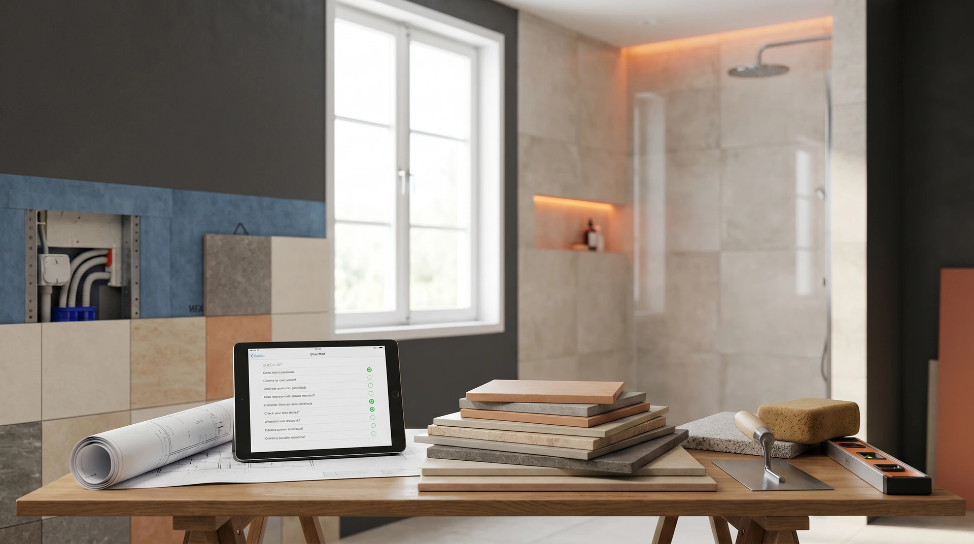 Byggarbetsplats med materialprover, ritningar och digital checklista på surfplatta.