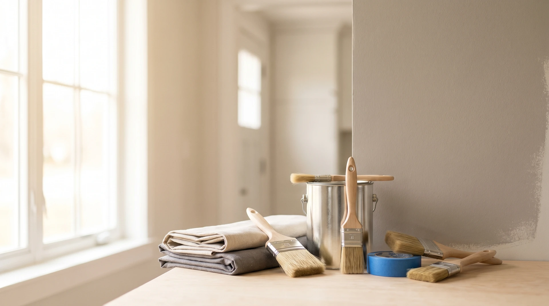 Målarverktyg och färgburk framför vit vägg i tomt rum.