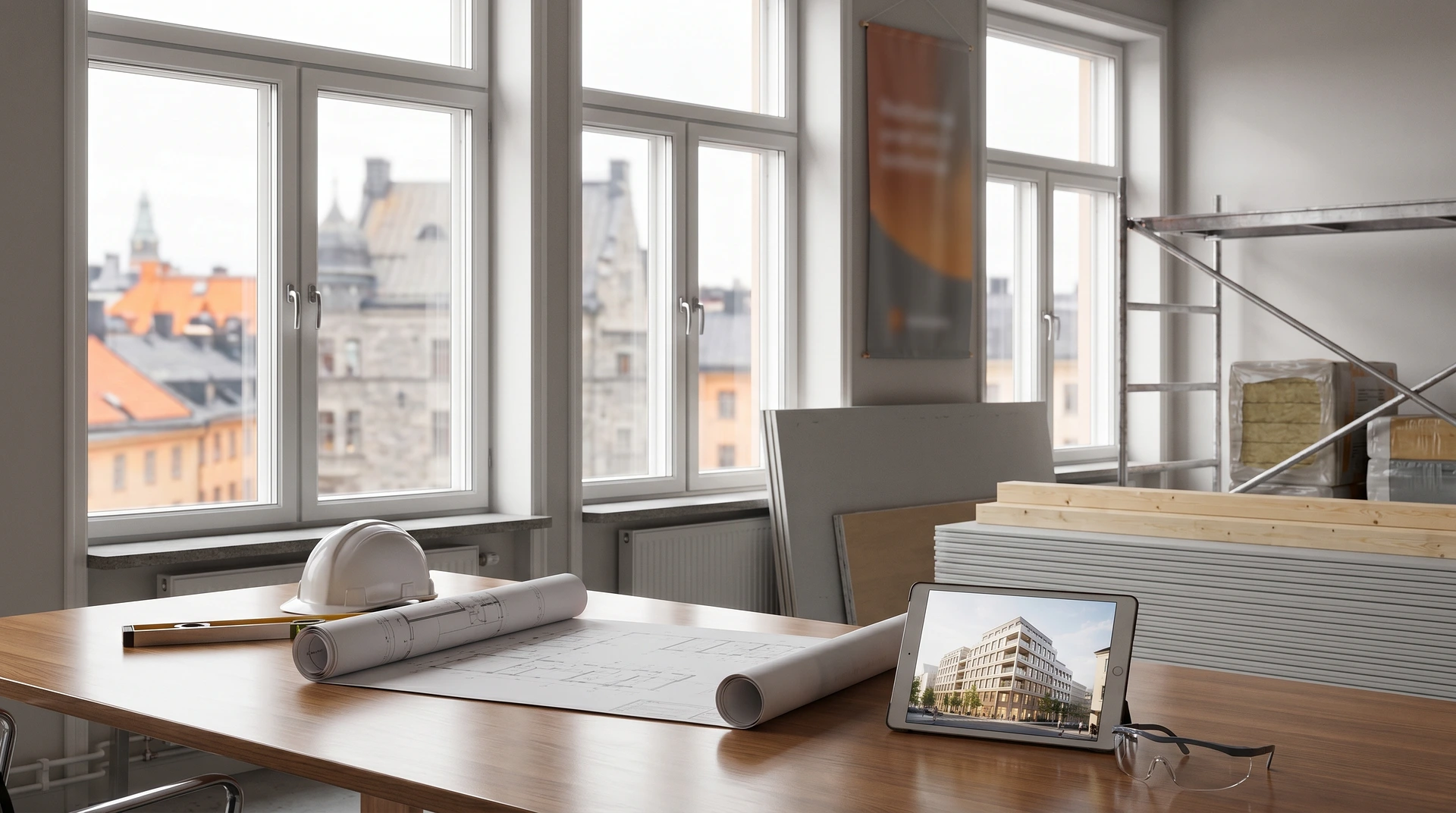 Arkitektbord med ritningar, byggmaterial och surfplatta som visar byggnadsdesign.