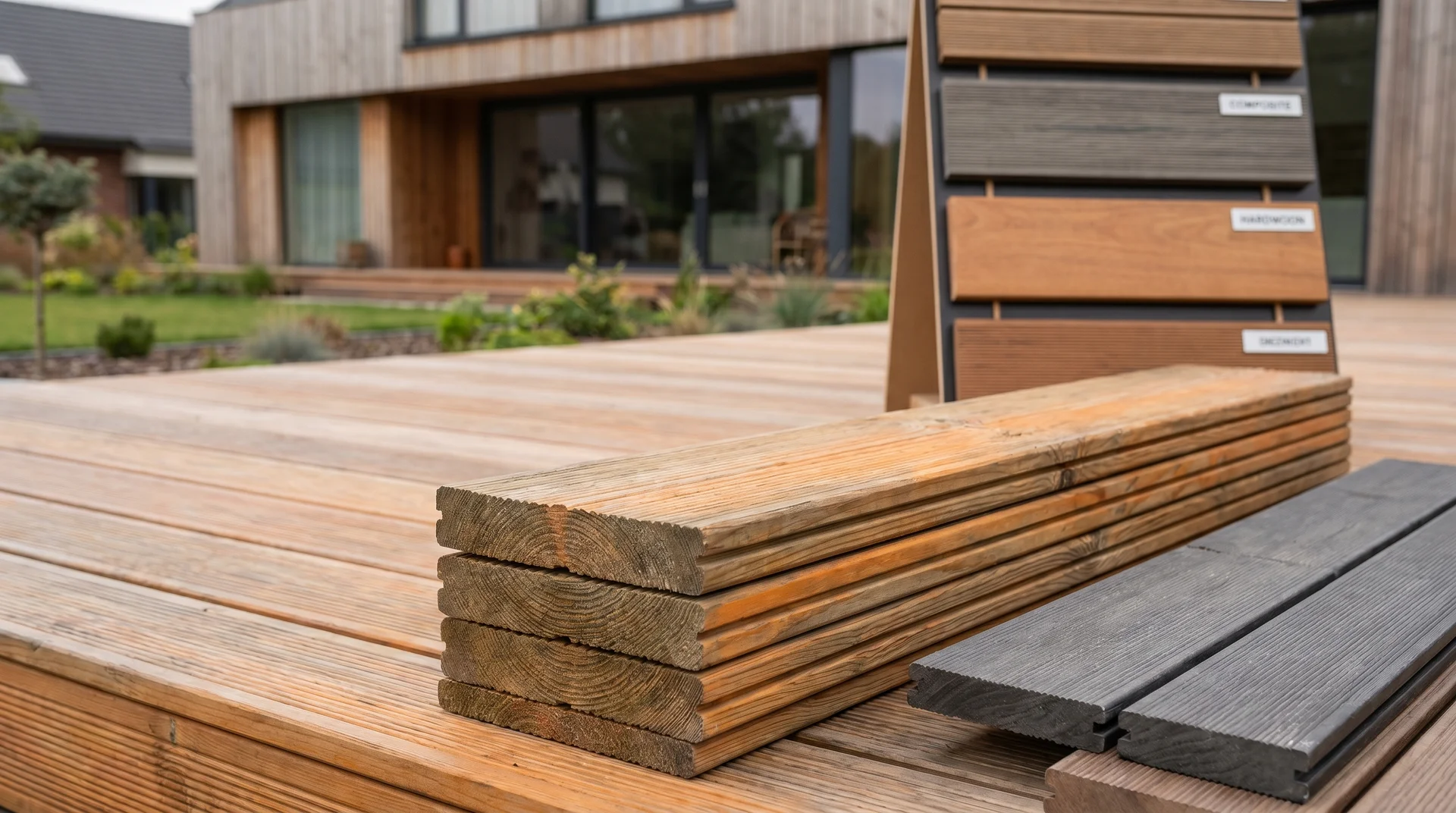 Trallvirke i olika färger upplagt framför modernt trähus med altan.