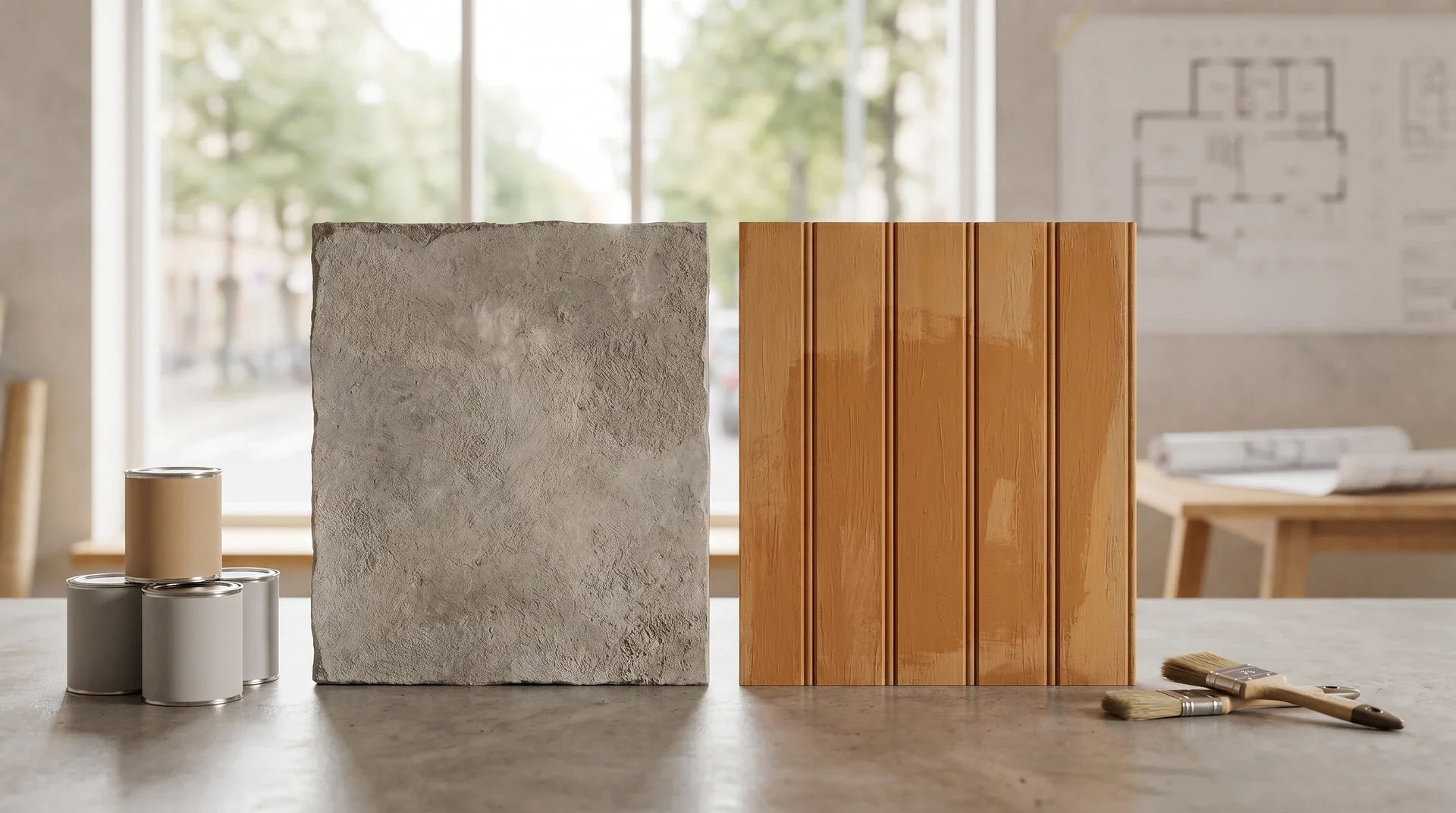 Materialprover av betong och trä med målarfärgsburkar och penslar på bord.