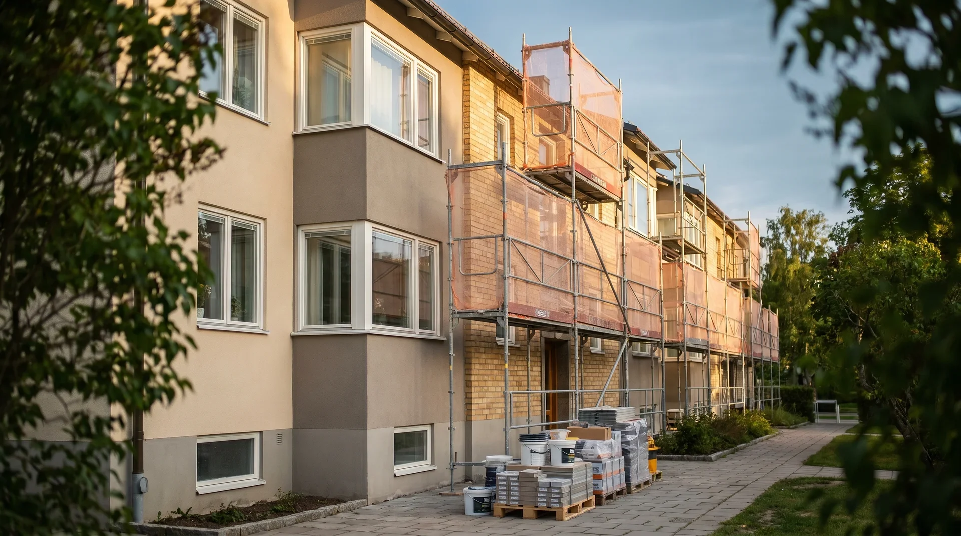 Flerfamiljshus under renovering med byggnadsställningar och byggmaterial utanför.