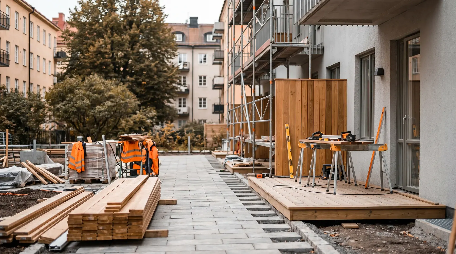 Byggarbetsplats i innergård med trävirke, verktyg och arbetskläder.