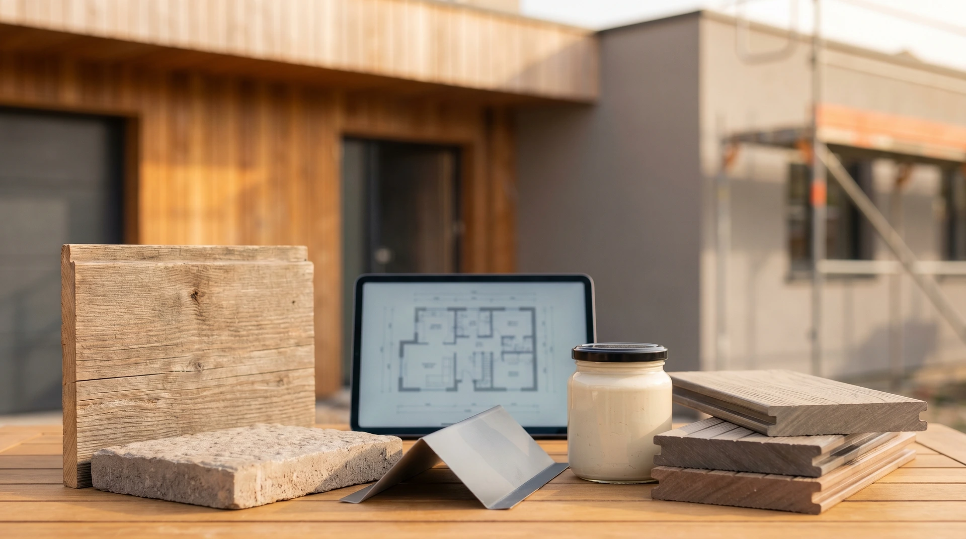 Byggmaterial och ritningar på bord vid husbygge med träfasad