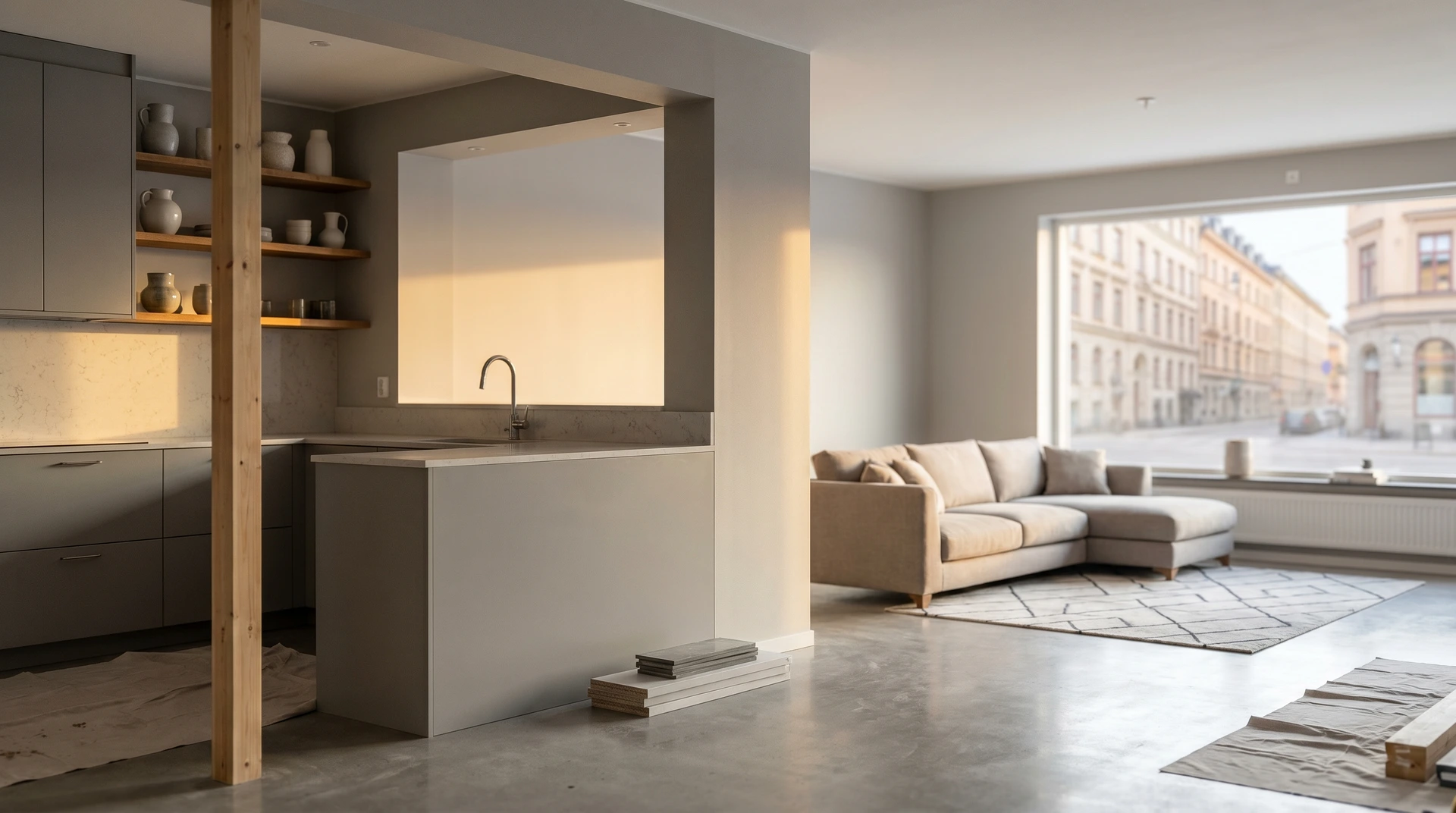 Minimalistisk lägenhet med öppet kök och vardagsrum i skandinavisk design.