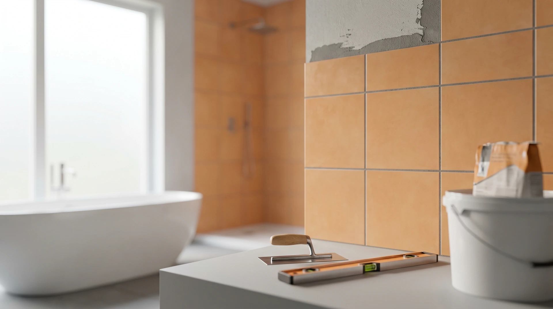 Badrumsrenovering pågår med verktyg och orange kakel på väggen.