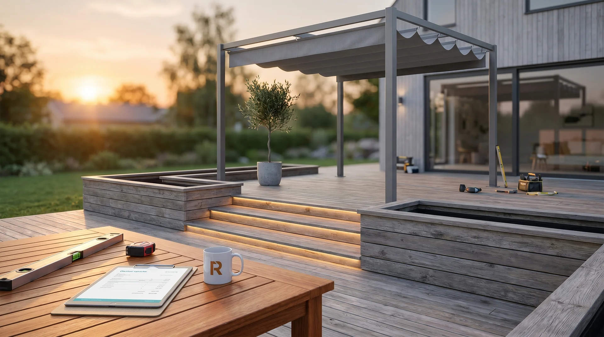 Modernt träddäck med pergola, trappa med belysning och utsikt mot trädgård i solnedgång.