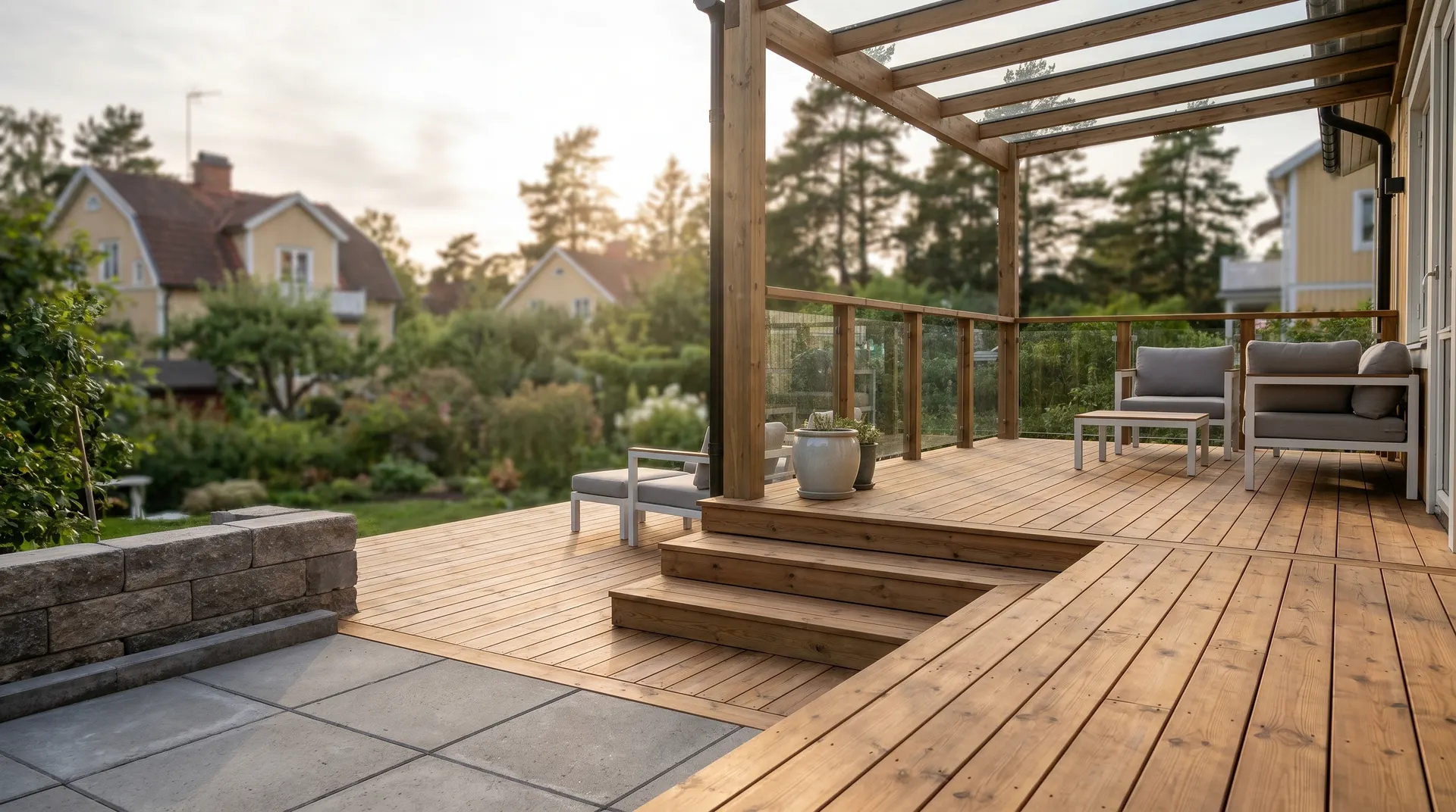 Trätrappa leder upp till upphöjd altan med pergola och utemöbler.