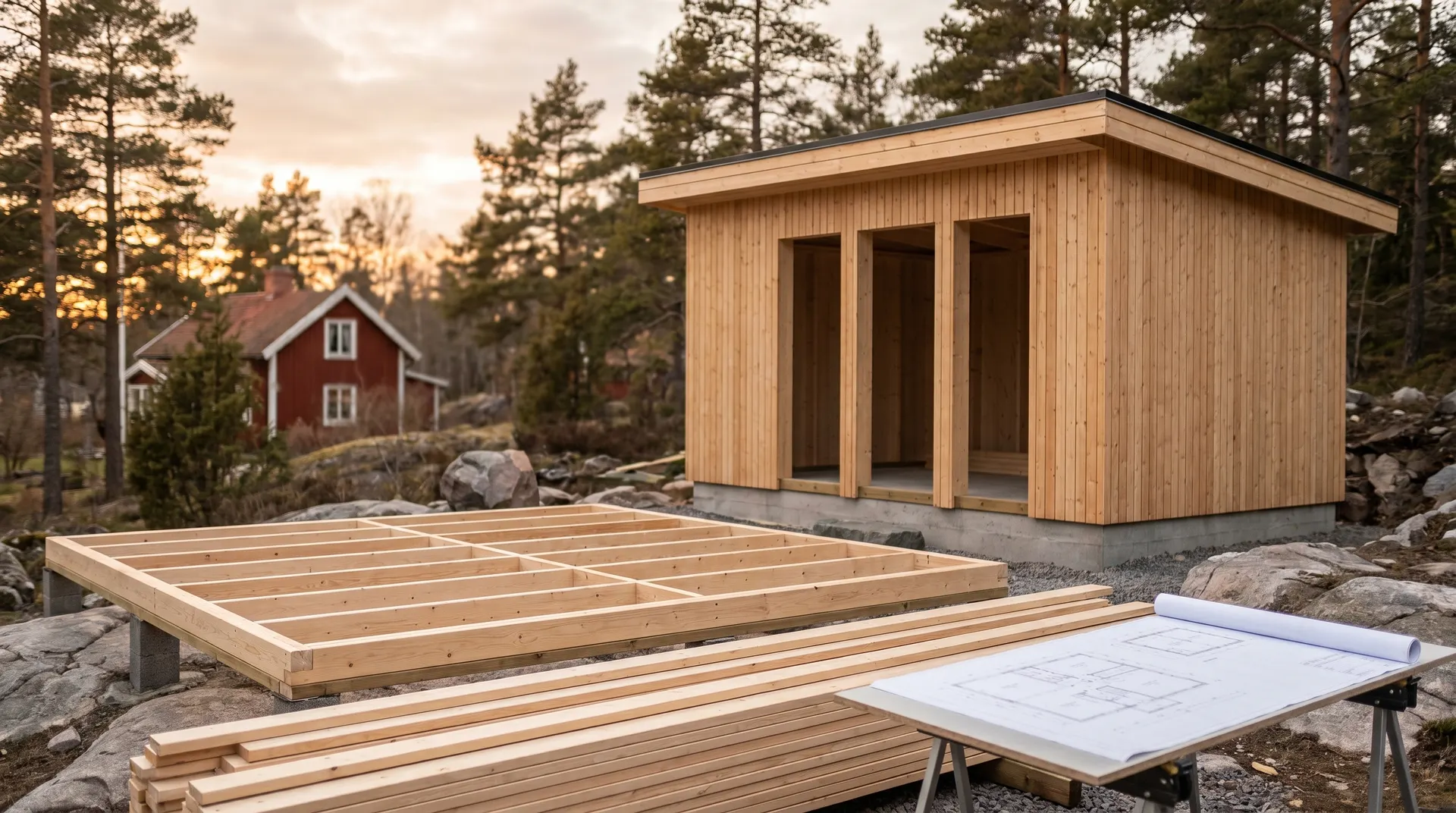 Byggnation av modern träbyggnad i naturlig skogsmiljö med ritningar och byggmaterial.