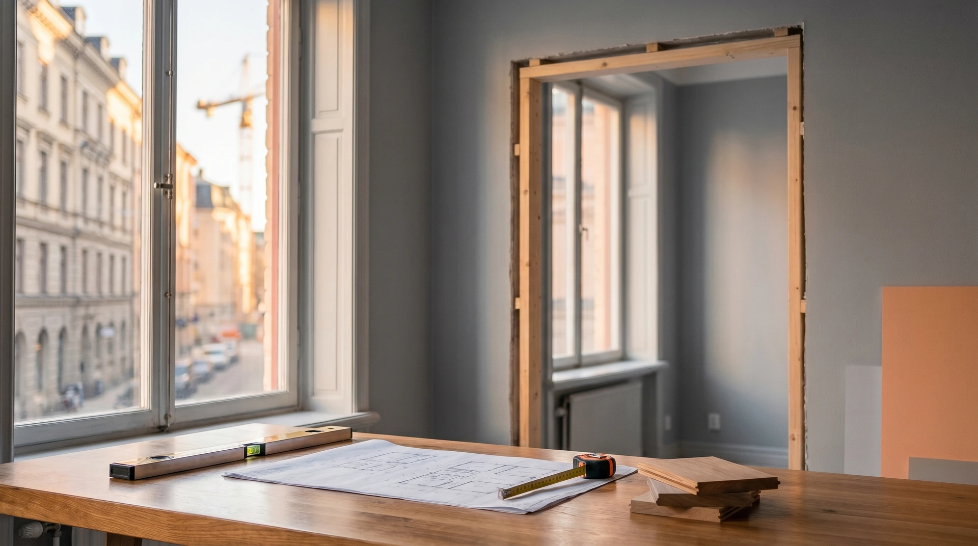 Renoveringsrum med verktyg, ritningar och ofärdig dörröppning vid fönster.