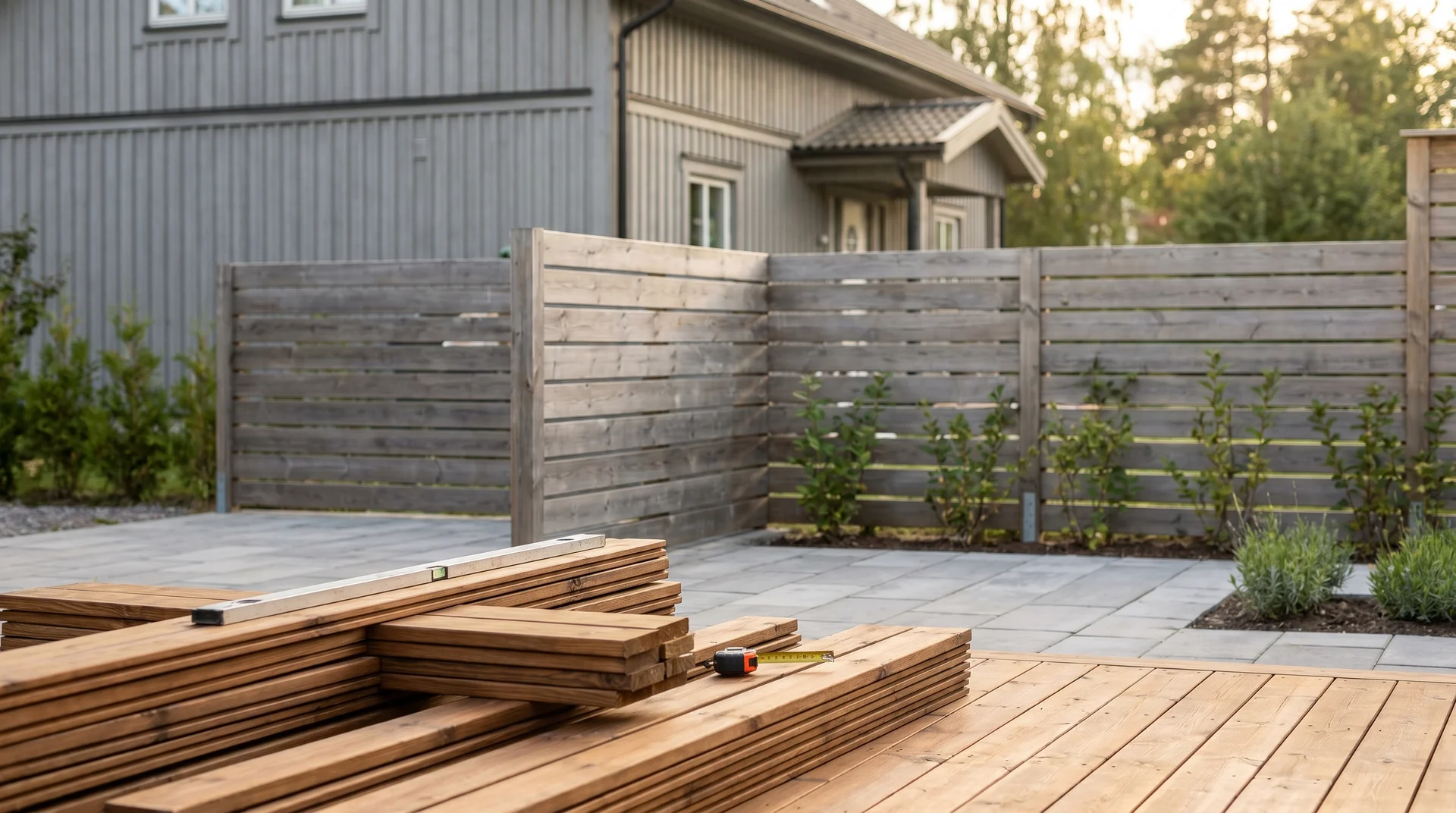 Trädäck under konstruktion med bräder och verktyg i trädgård med plank.
