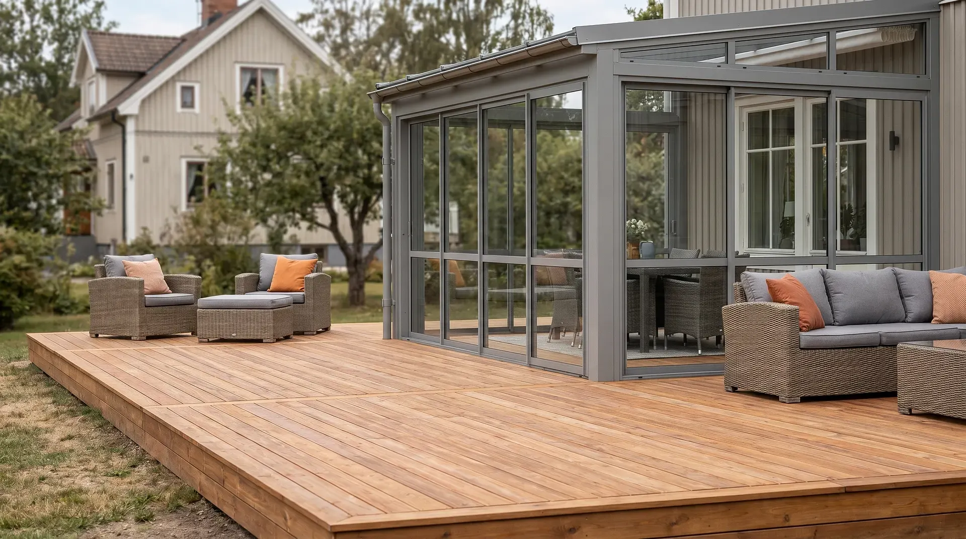 Modern glaskupa med utemöbler på träaltan framför ljust bostadshus.