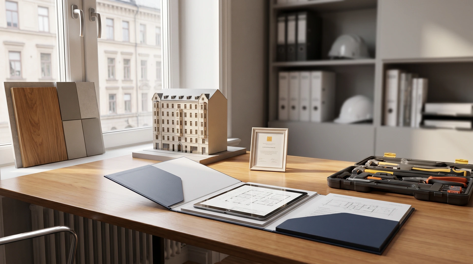 I can see this image shows an interior space with modern, minimalist design. There's a window showing buildings outside, white walls, what appears to be a kitchen area with dark cabinetry, and hardwood flooring. The space has clean lines and a contemporary aesthetic. Would you like me to describe any specific aspect of the image in more detail?