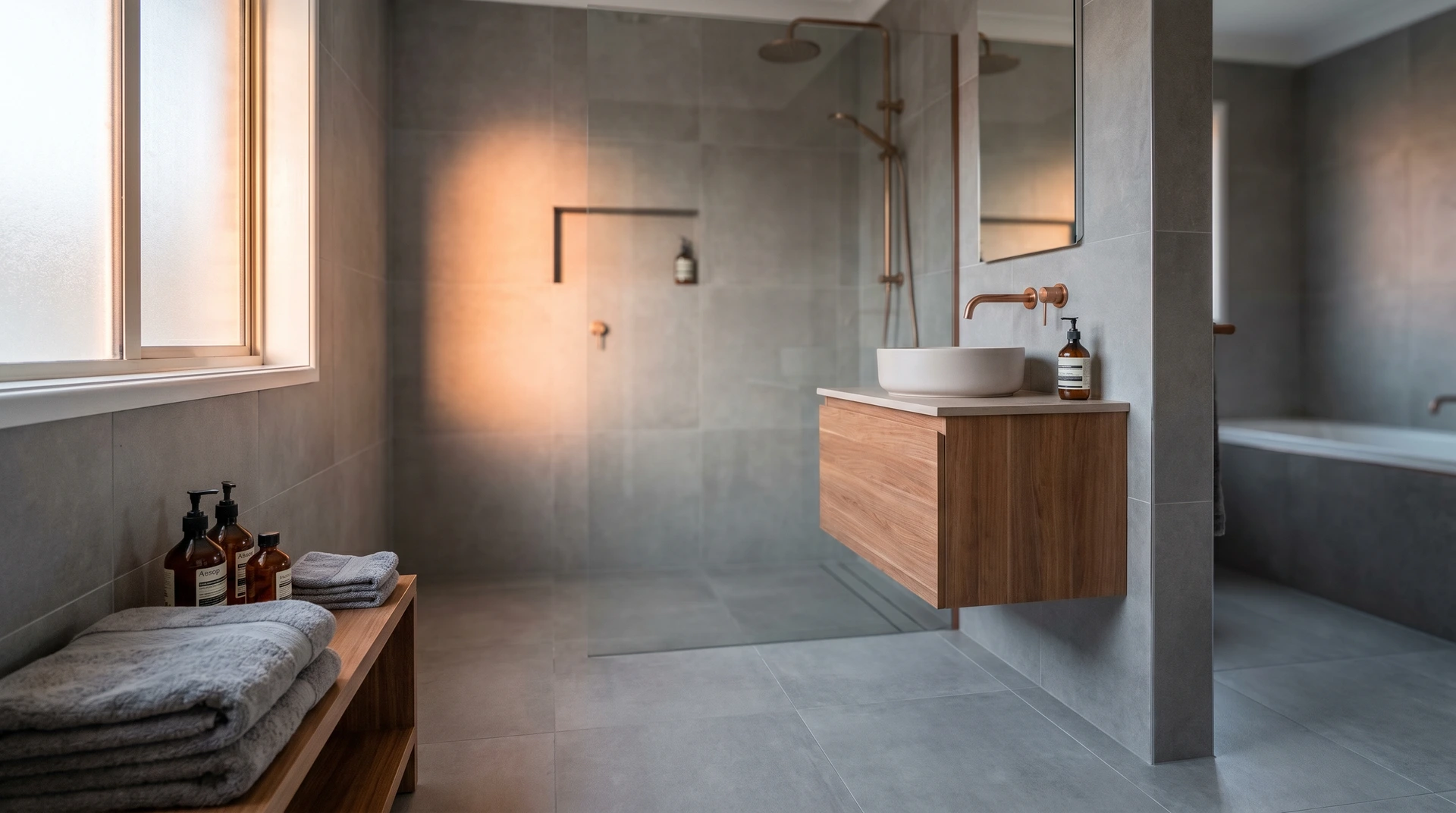 Modernt badrum med grå kakel, trädetaljer och kopparfärgade armaturer.