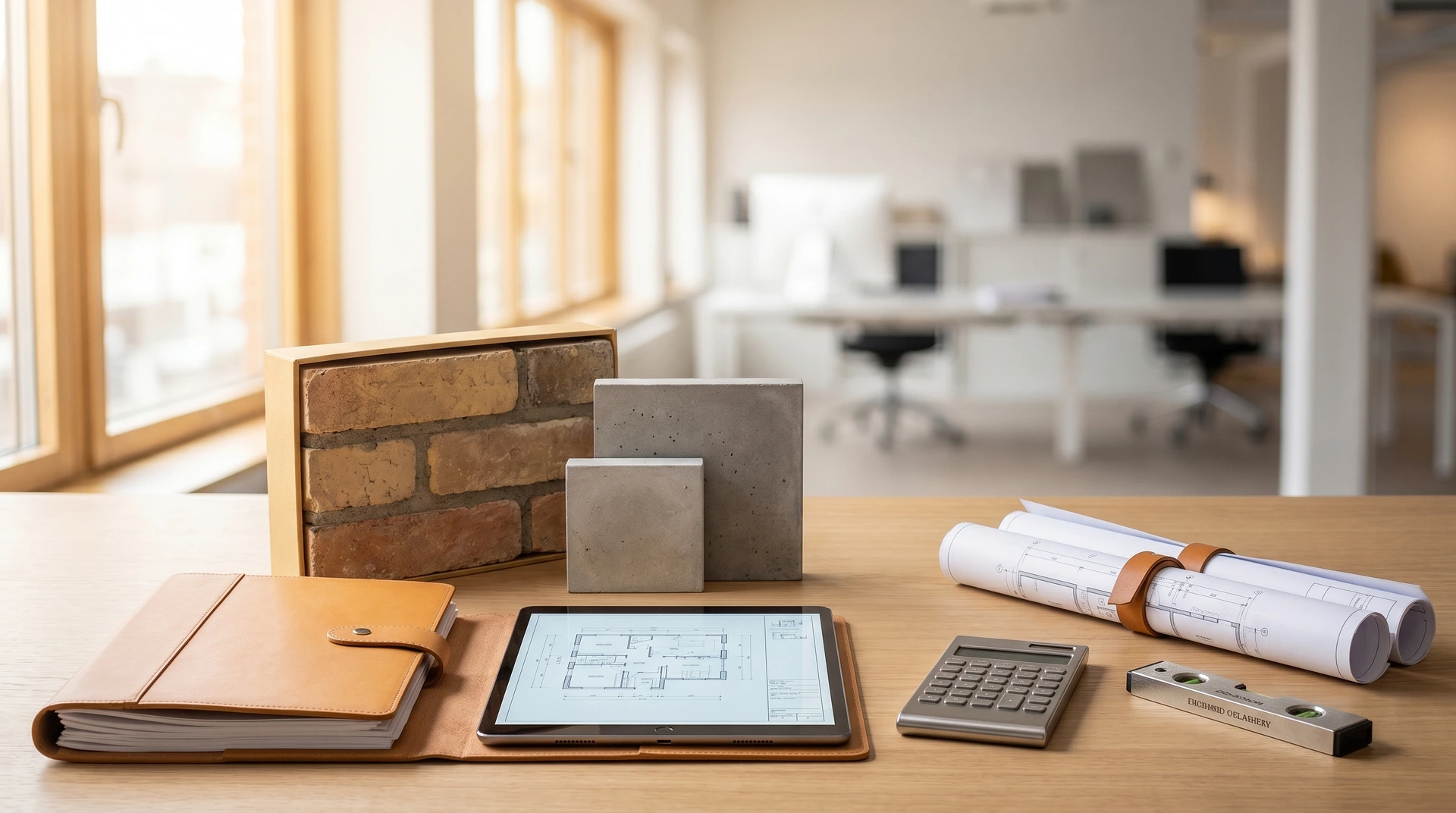 Arkitektbord med ritningar, materialprover, surfplatta och planeringsverktyg vid fönster.