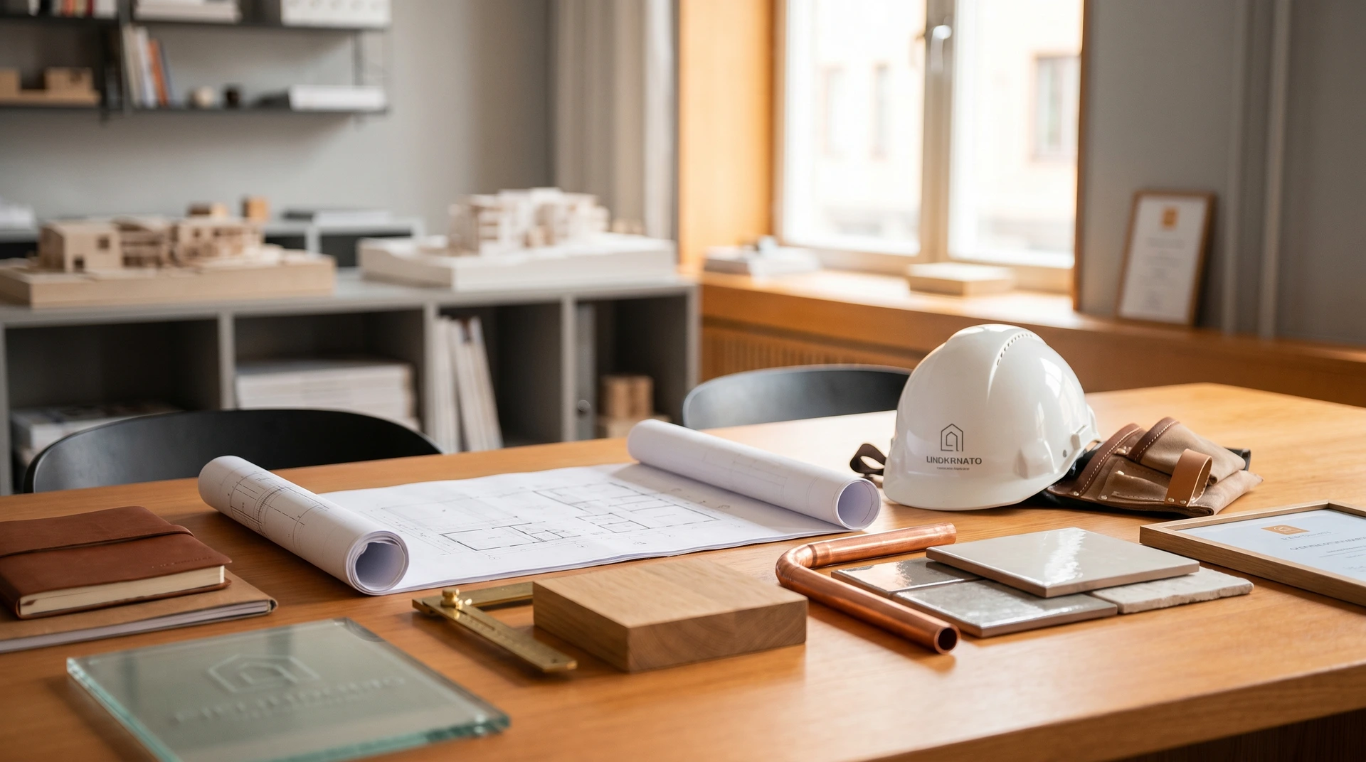 Arkitektbord med ritningar, hjälm, verktyg och materialprover vid fönster.