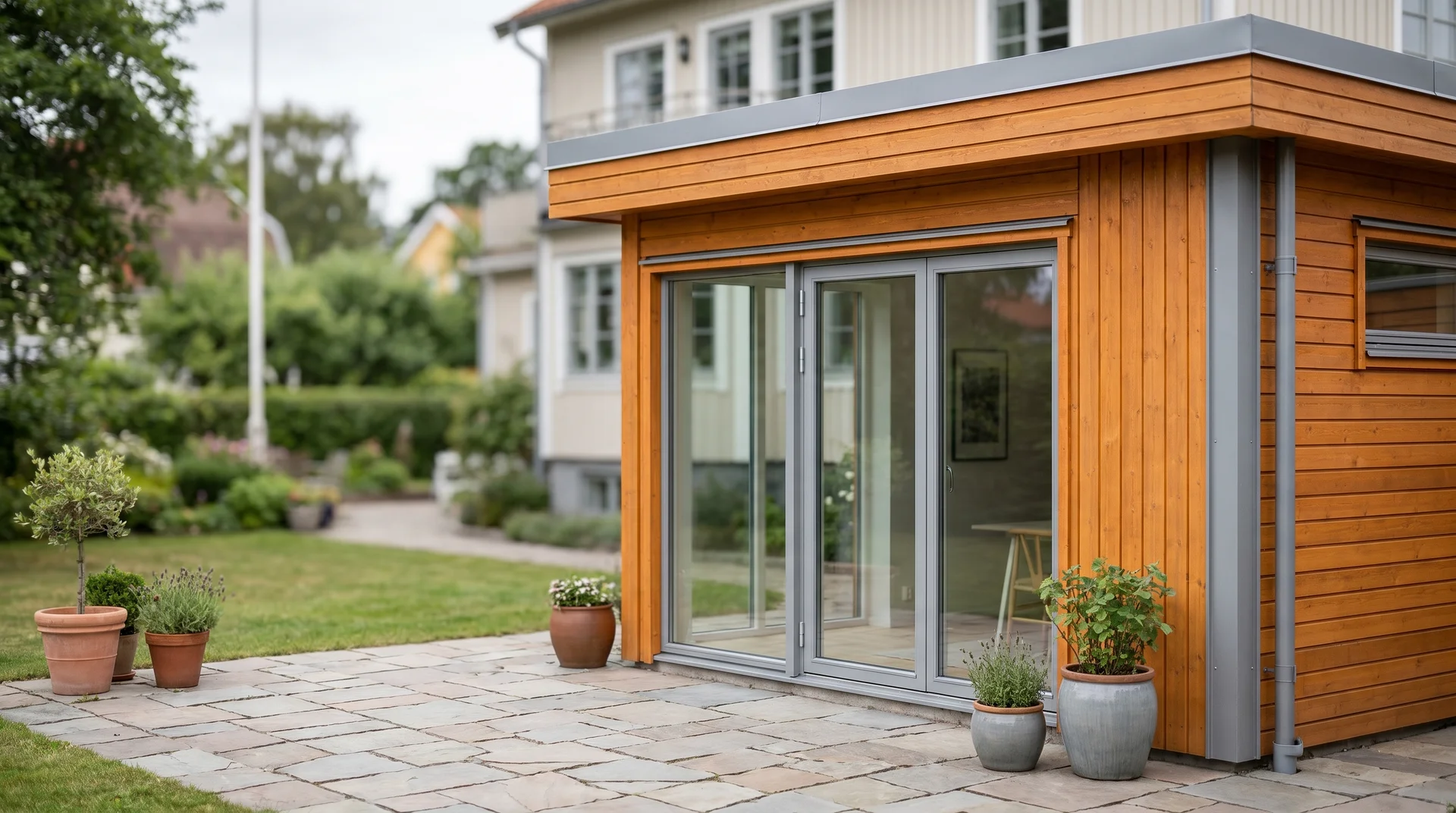 Modernt trädgårdsrum med glasdörrar och träfasad i trädgård.