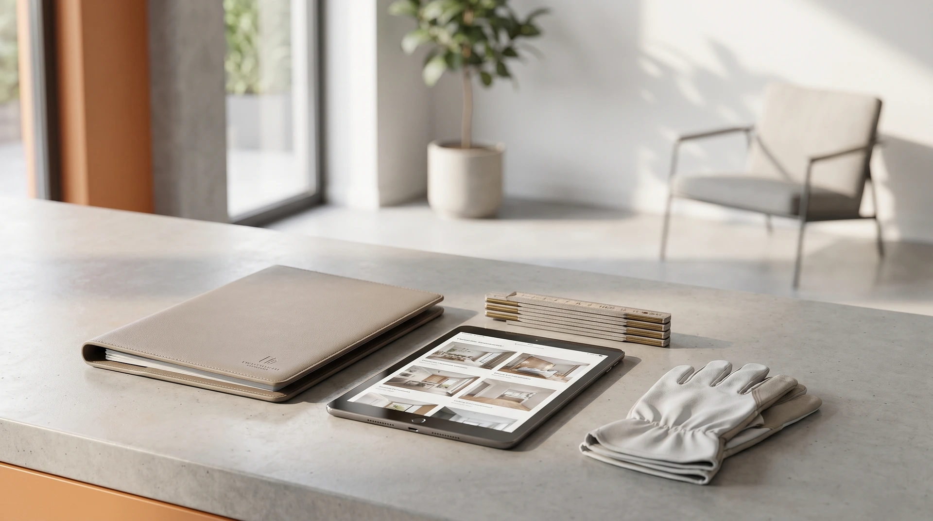 Arbetsyta med surfplatta, läderfolio, anteckningsböcker och handskar på betongbord.