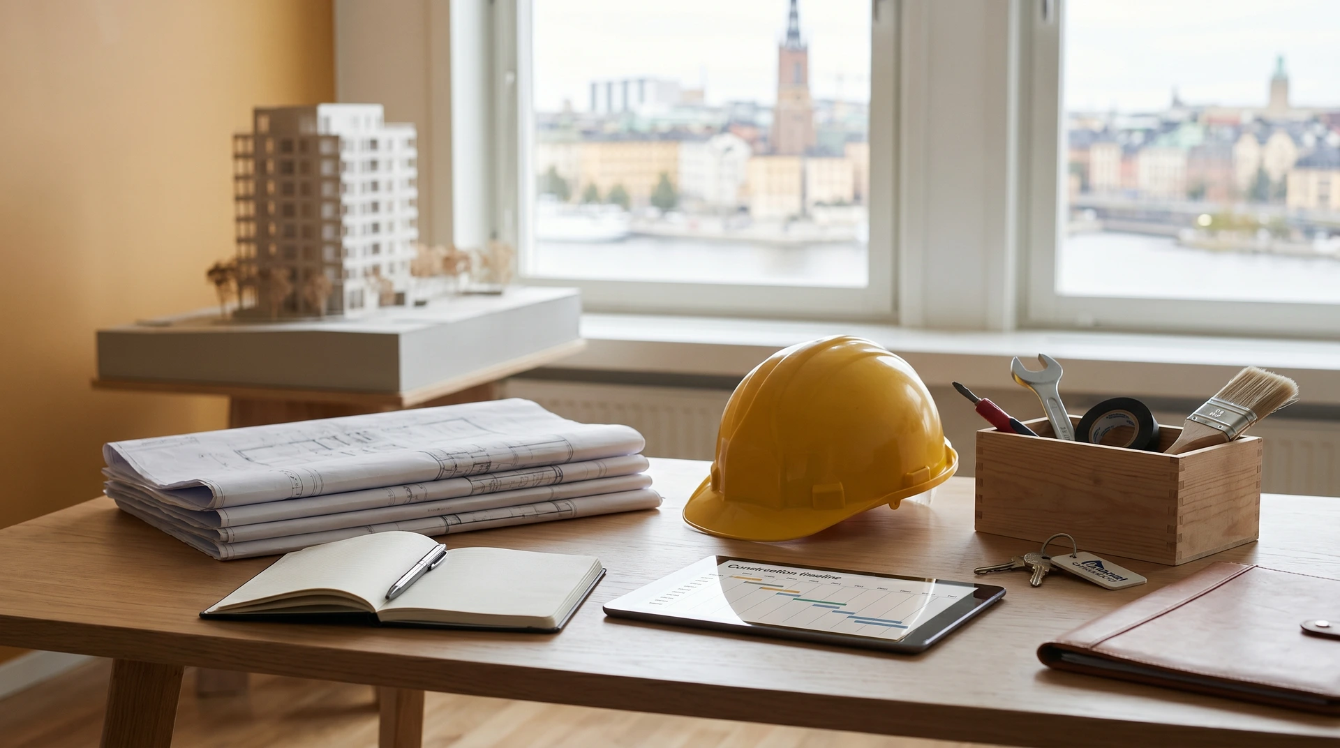 Arkitektarbetsplats med ritningar, gul hjälm, verktyg och stadsvy genom fönster.