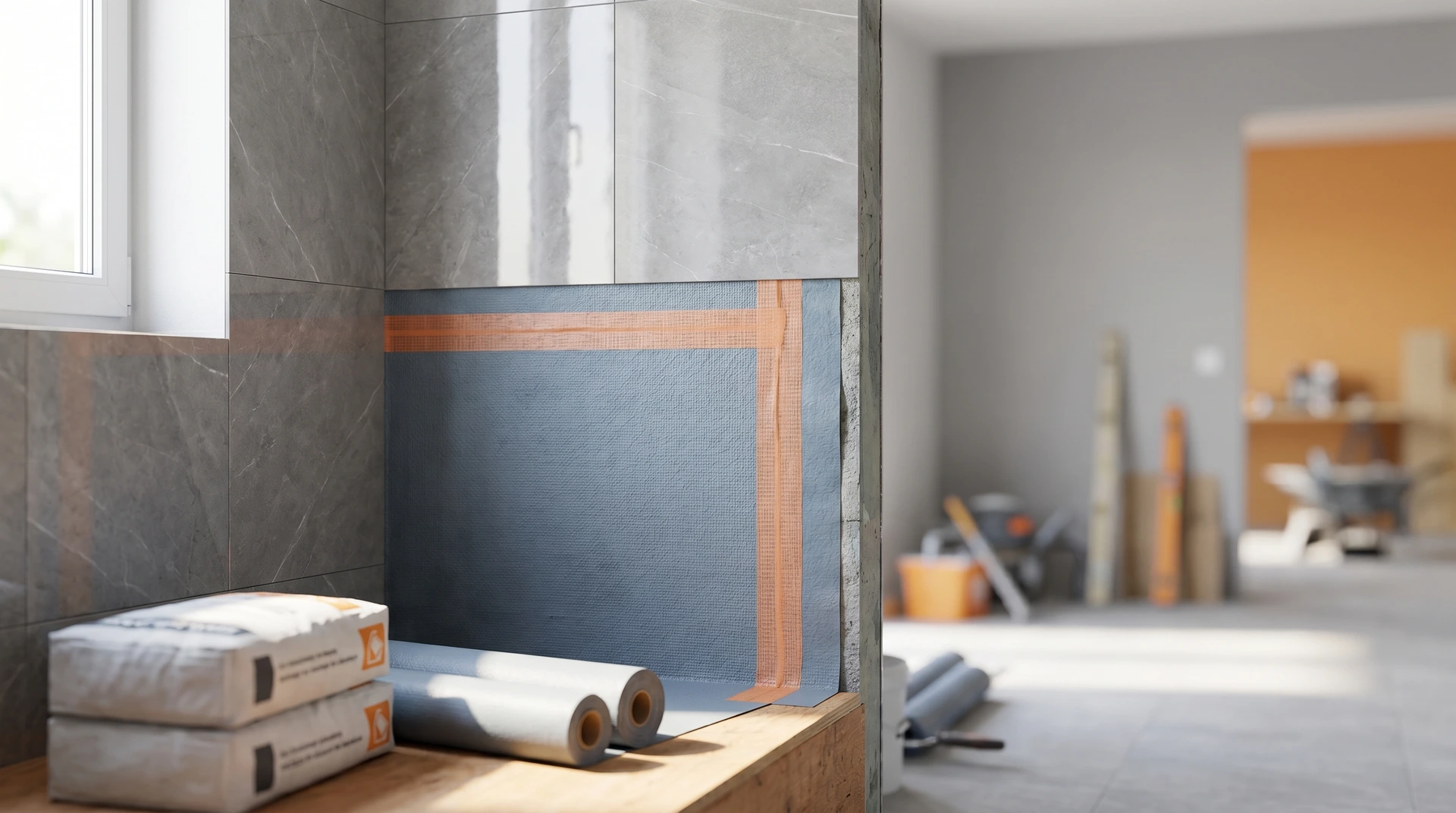 Badrumsrenovering pågår med kakel, vattentätningsskikt och byggmaterial synliga.