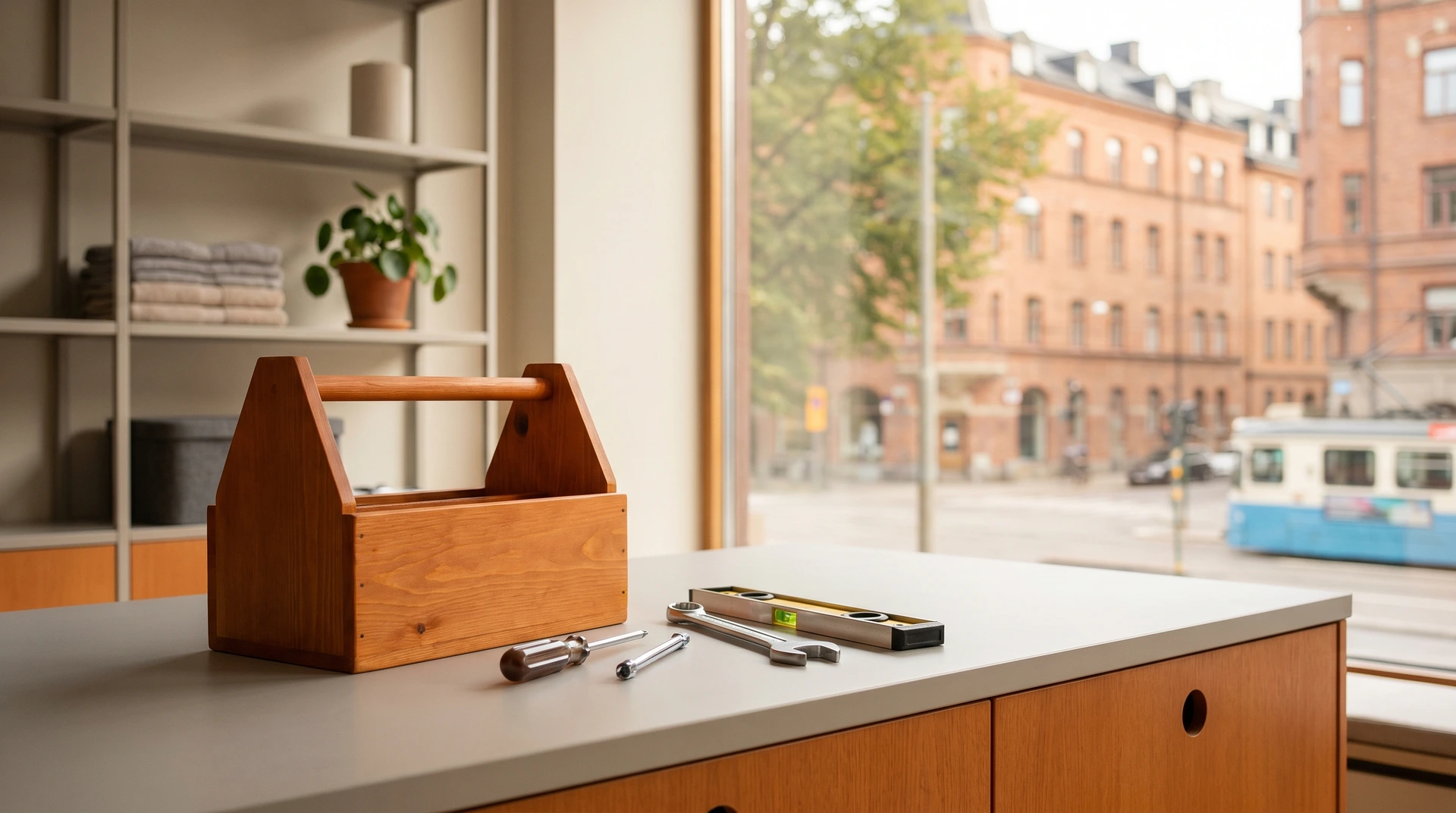 Träverktygslåda och verktyg på bänk framför fönster med stadsutsikt.