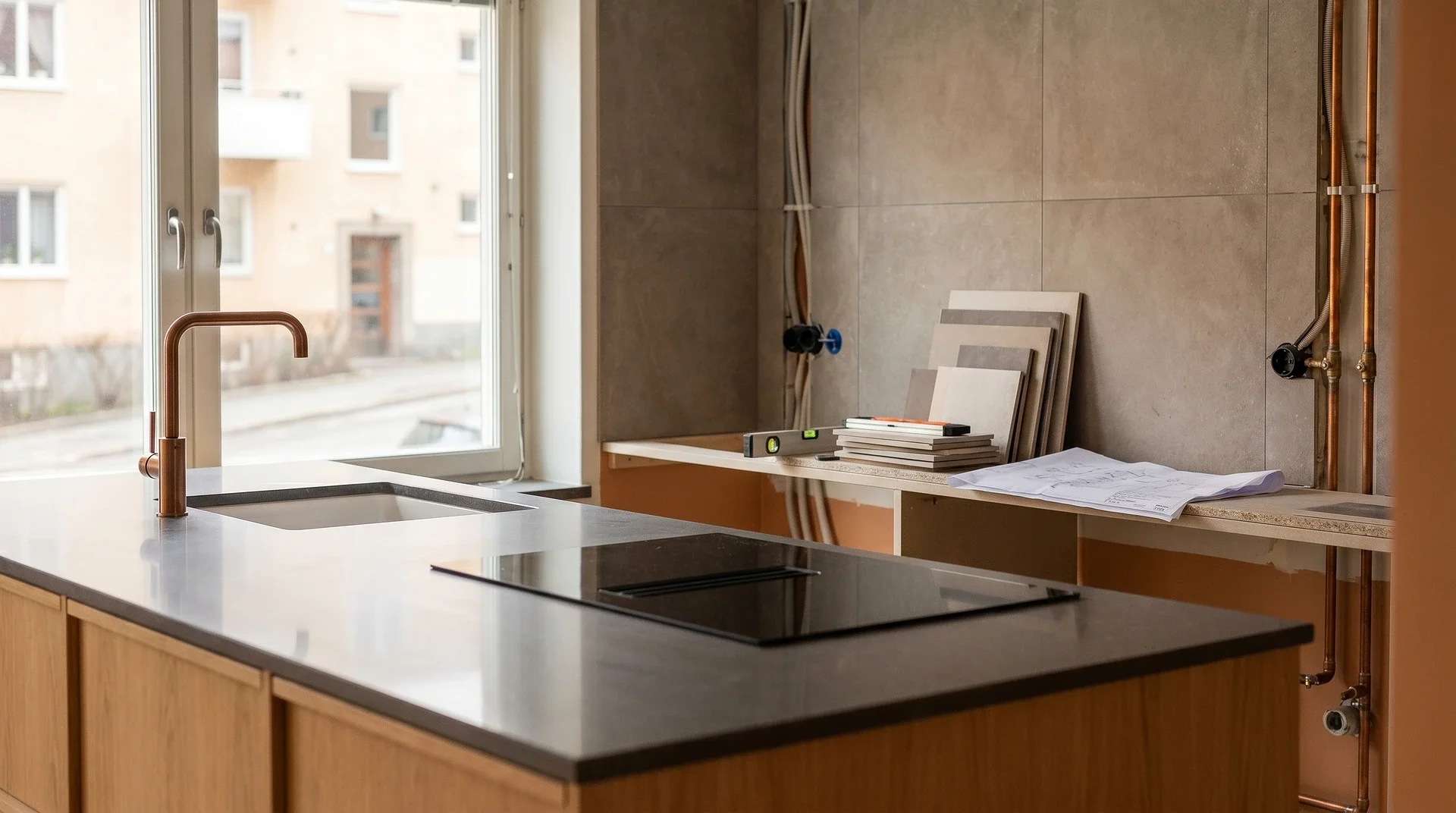 Modernt kök med koppardetaljer, induktionshäll och utsikt mot bostadsområde.