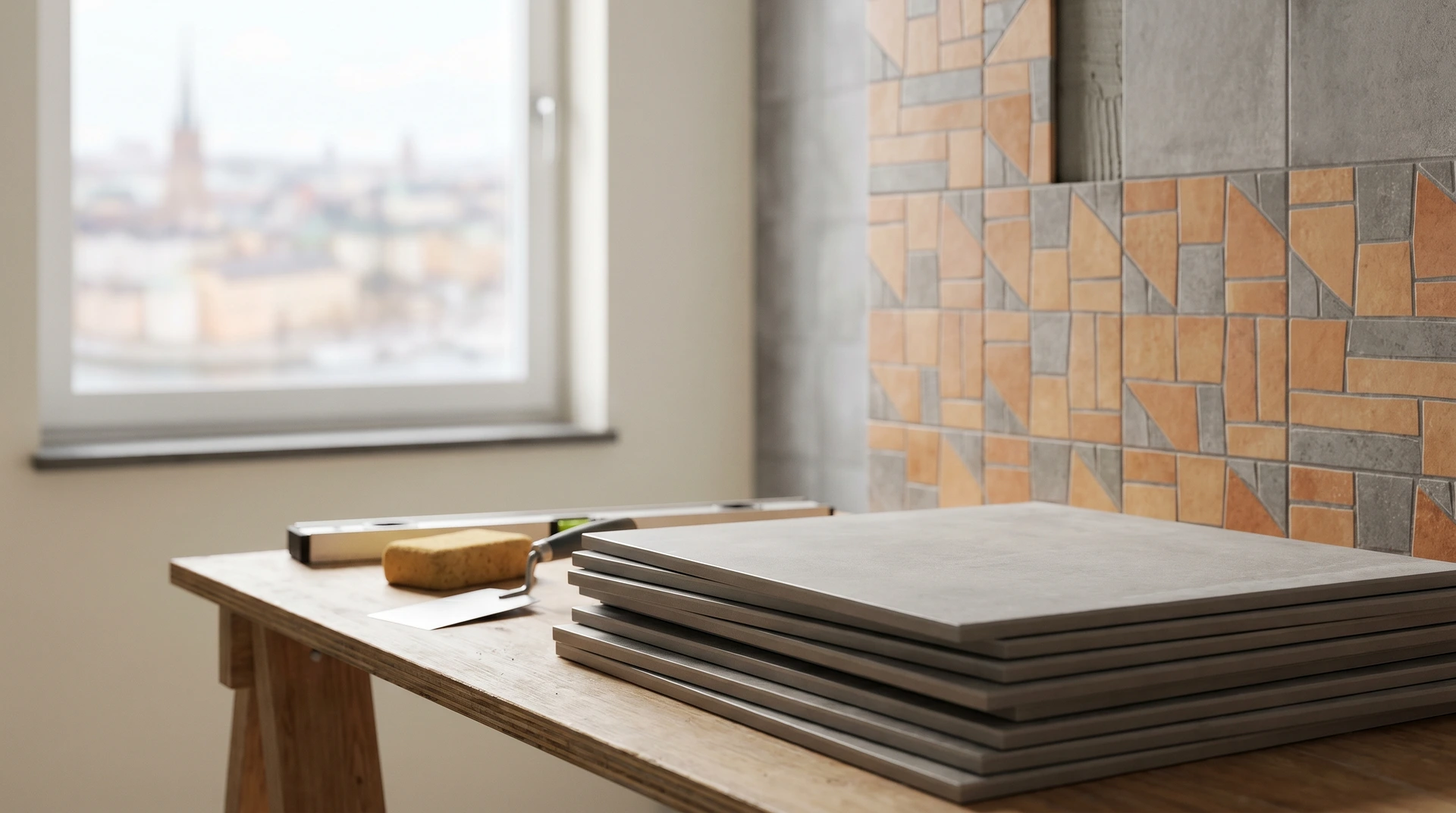 Kaklade plattor och verktyg på bord vid fönster med stadsutsikt.