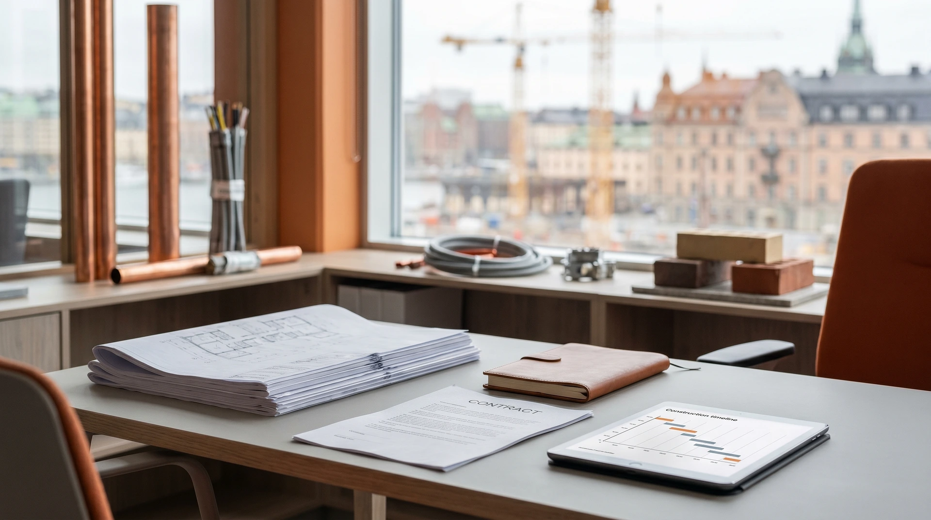 Arkitektskrivbord med ritningar, kontrakt och läderportfölj vid fönster med stadsutsikt.