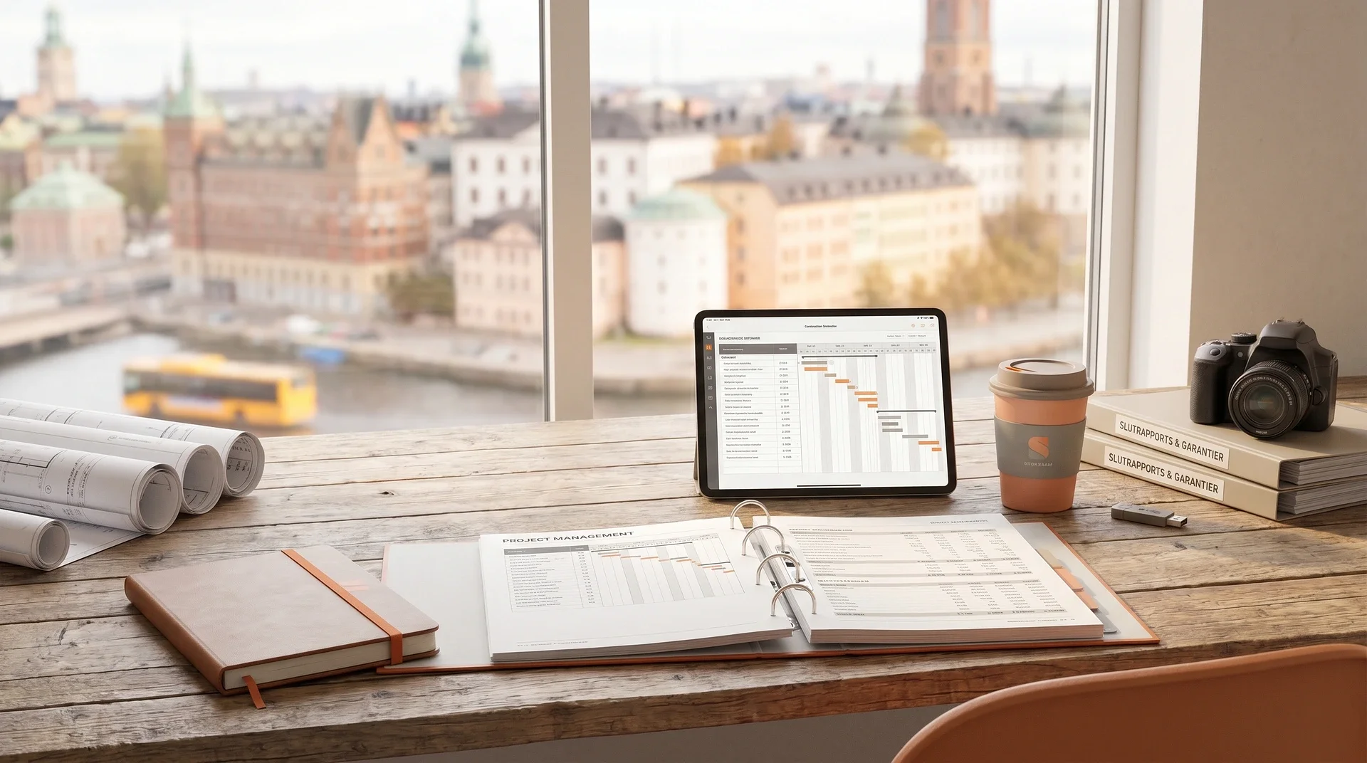 Skrivbord med projektdokument, surfplatta, kaffe och stadsvy genom fönster