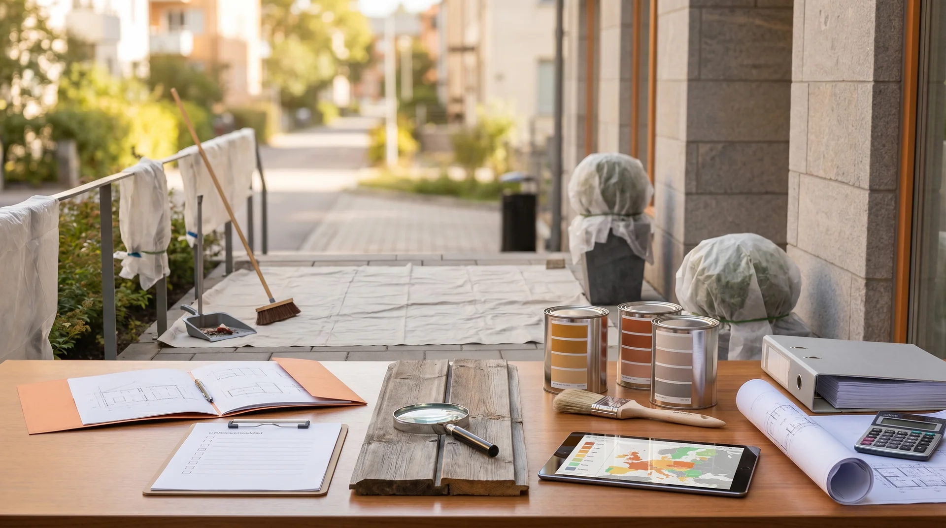 Bord med målarfärg, ritningar och verktyg för husfasadrenovering