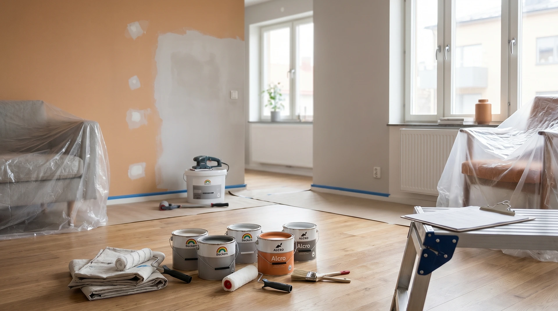 Rum under renovering med målarburkar, verktyg och skyddad möbler på trägolv.