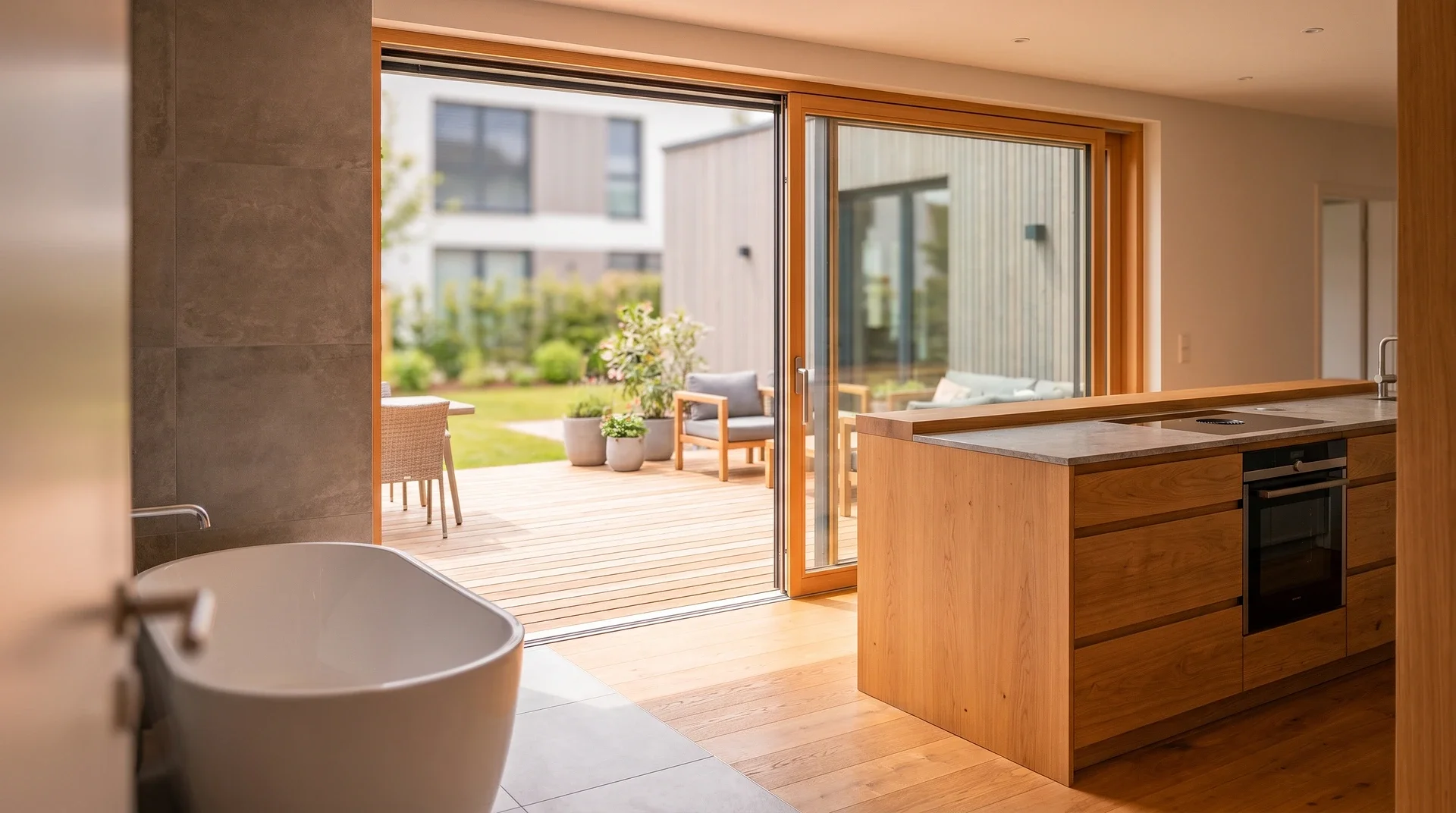 Modernt kök med stora glasdörrar som öppnar mot trädäck och trädgård.