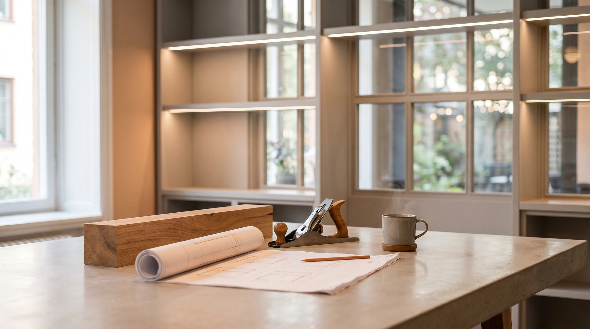 Träverkstad med ritningar, verktyg och kaffekopp på arbetsbänk