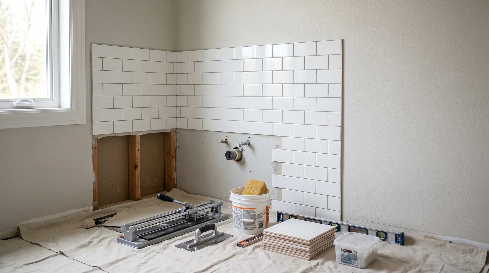 Badrumsrenovering pågår med vit kakelvägg och verktyg på bänk.