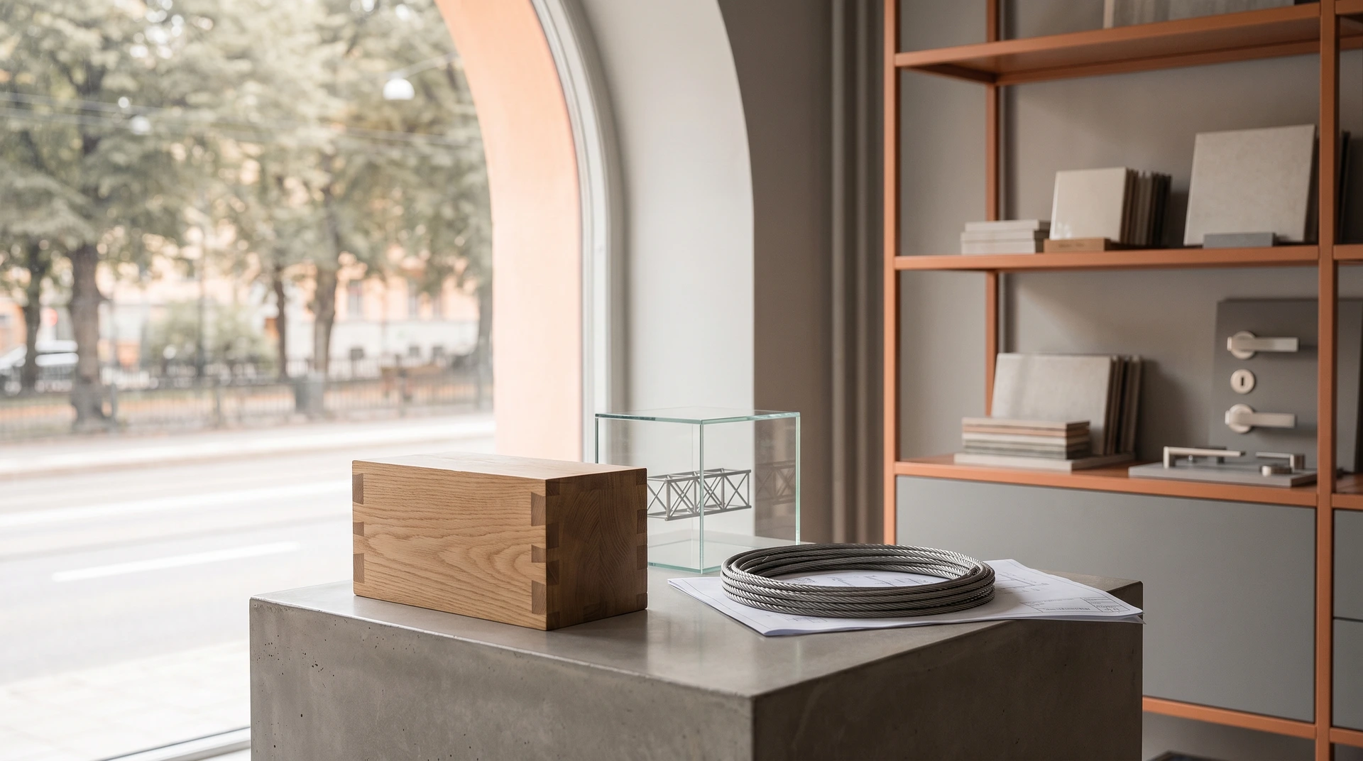 Designföremål på betongbord framför fönster med bokhylla i bakgrunden.