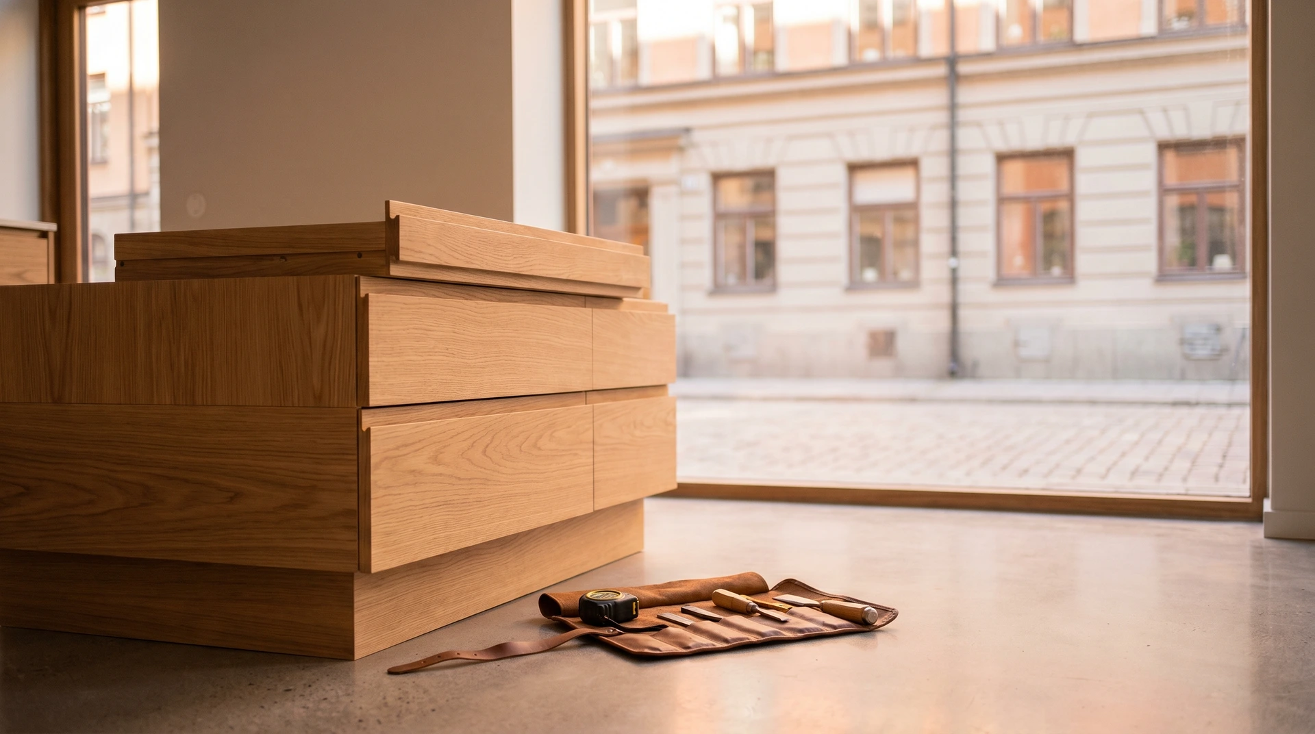 Byrå med utdragna lådor och verktyg på golvet framför fönster.