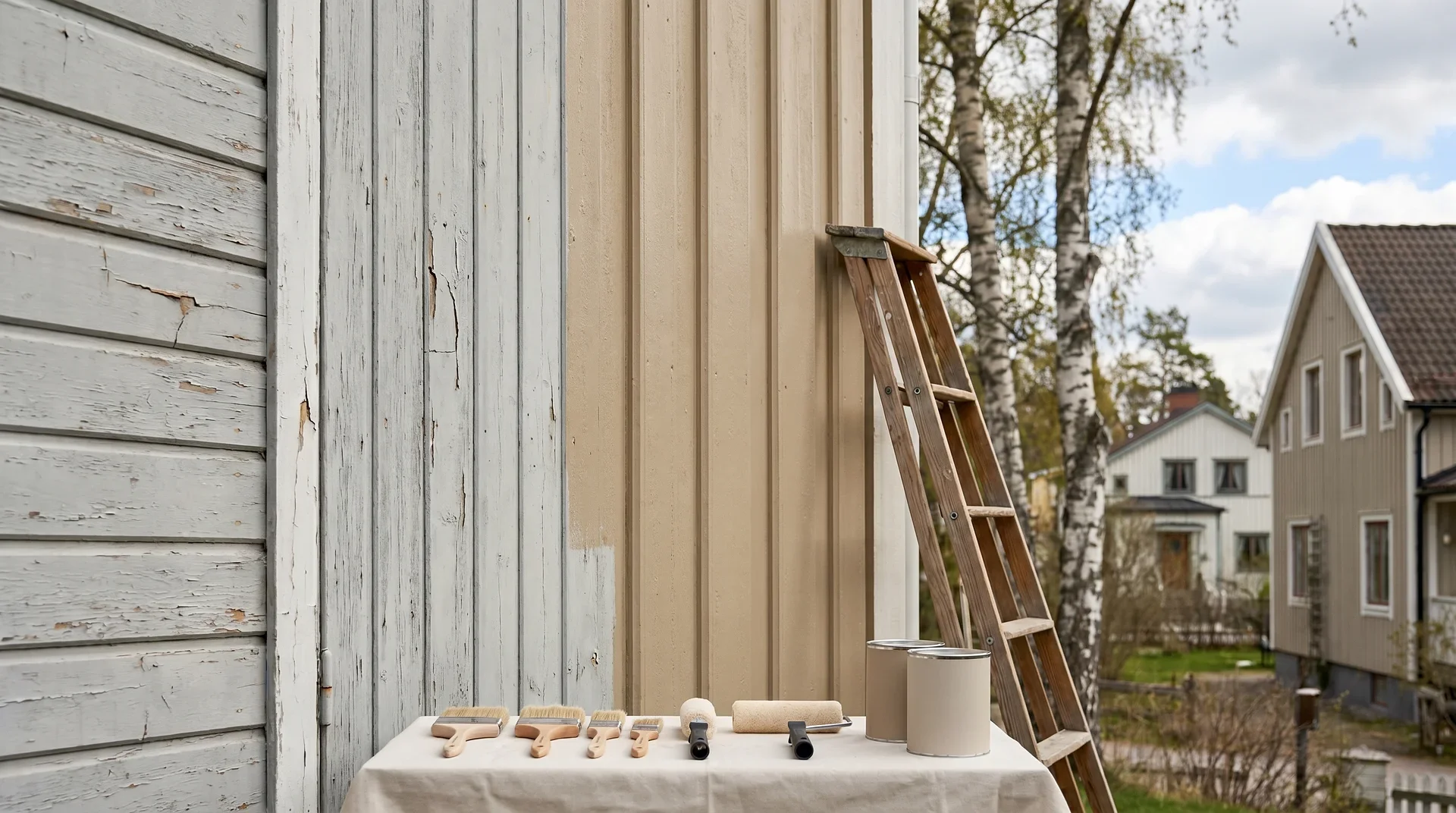 Målarverktyg på duk framför omålat trähus med stege.