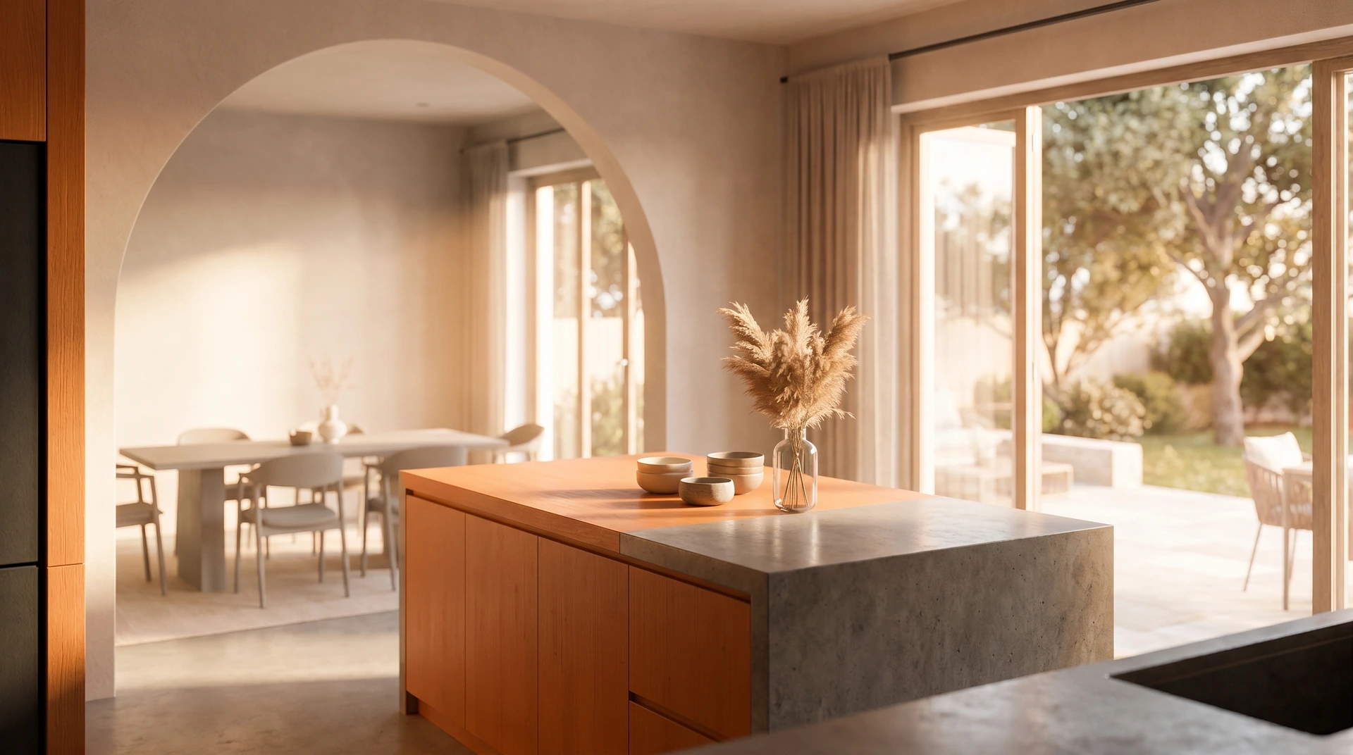Modernt kök med ö i betong och trä med utsikt mot trädgård